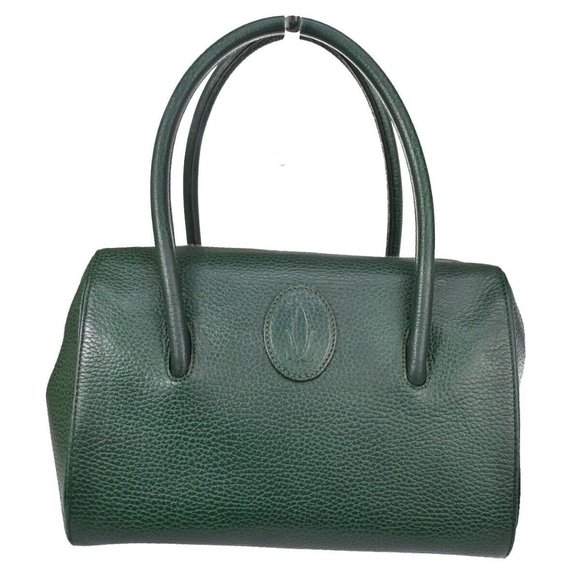 Cartier Handbags - MUST DE CARTIER 2C Logo Hand Bag Leather Green Gold Made In Spain 35RH796
